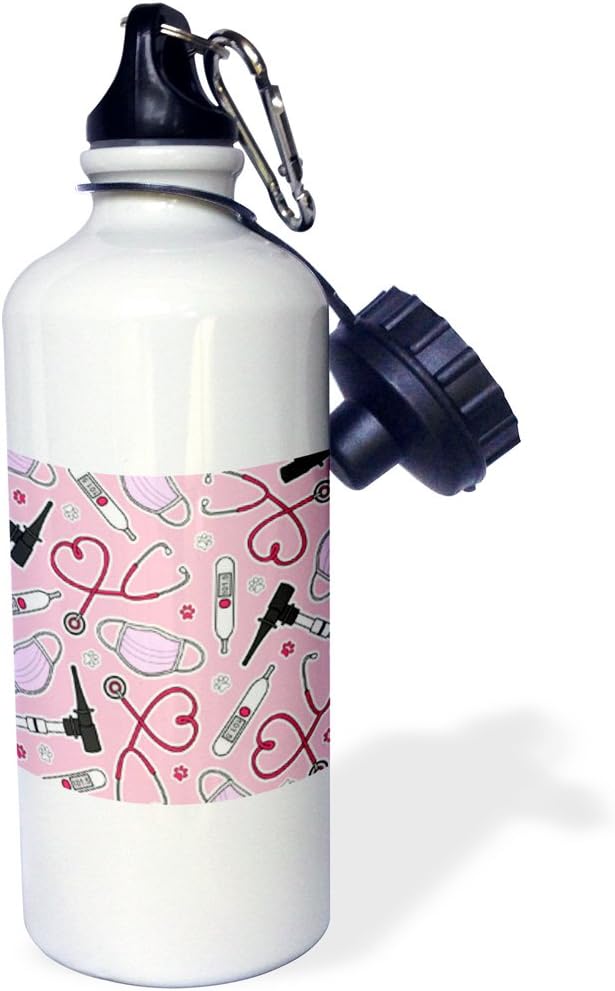 3dRose Cute Veterinarian or Veterinary Technician Love Pattern Pink Sports Water Bottle, 21 oz, Multicolor