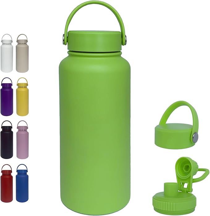 32oz Insulated Water Bottle ，Stainless Steel Sports Water Cup Flask with 2 Lids, Wide Mouth Travel Thermal Mug,Outdoor Sports Bottle（Lemon Green）