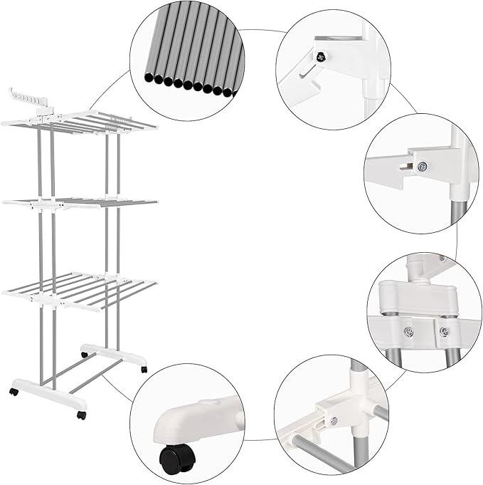 Bigzzia Clothes Drying Rack, Folding Stainless Steel Drying Rack Clothing Indoor Outdoor, Space-Saving, 4 Tier Laundry Drying Rack with Two Side Wings -Grey White