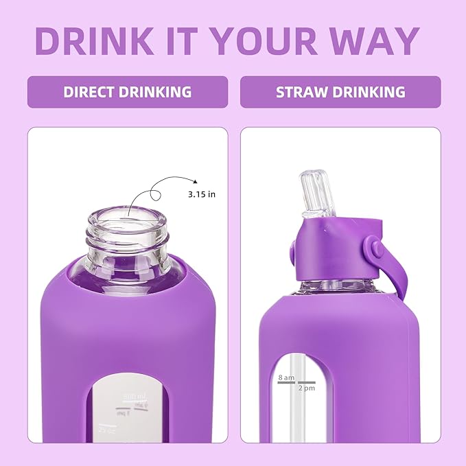 32 oz Glass Water Bottles with Straw Borosilicate Glass Water Bottle with Time Marker Motivational Water Bottles with Silicone Sleeve Leak Proof Reusable BPA Free