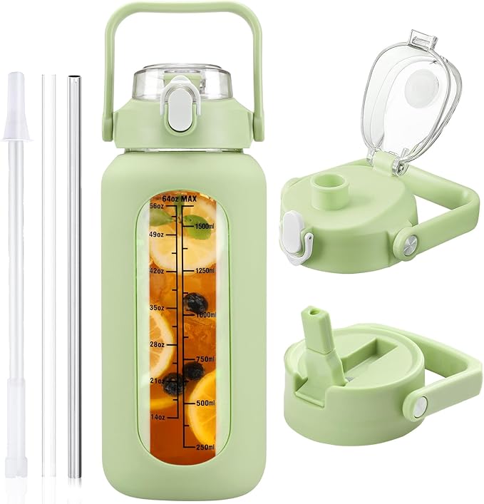 64 oz Glass Water Bottle with Straw and 2 Lids, Half Gallon Water Bottle with Sleeve, Large Insulated 2 Liter Glass Water Jug Time Marker with Handle - Green