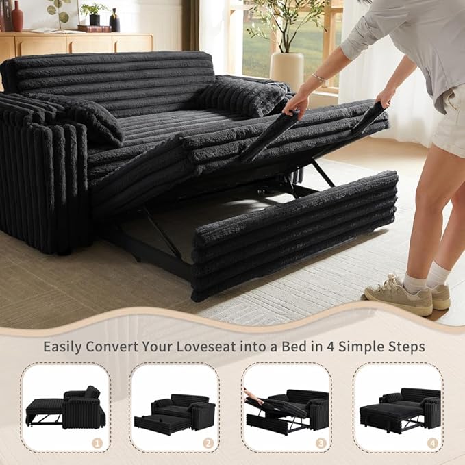 68.11" Corduroy Convertible Sofa Bed with USB Charging Port, Foldable Sleeper Chair with Pillows & Armrests, 3-in-1 Floor Couch for Living Room, Bedroom, Guest Room – Black