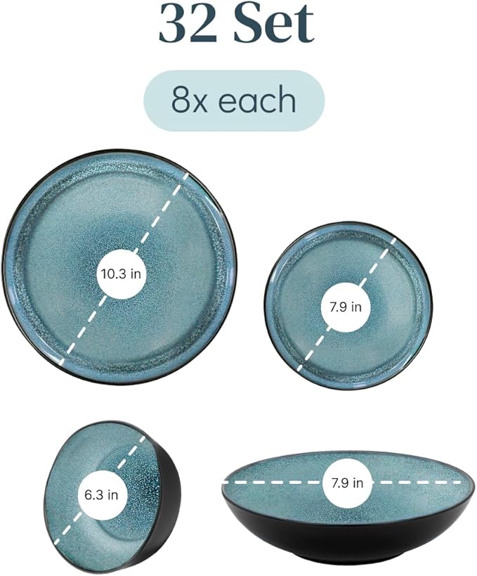 32 Piece Dinnerware Sets for 8 - Modern Style Stoneware Dinnerware Set - Scratch Resistant, Dishwasher Safe Plates and Bowls Sets Ceramic, Dish Set, Bowl and Plate Set - Black and Petrol Blue…