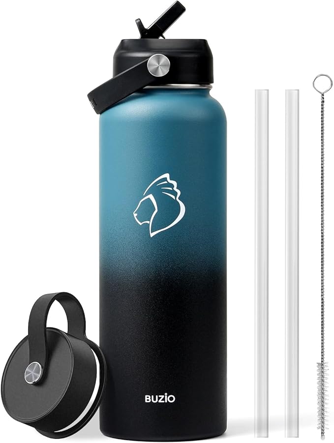 BUZIO Water Bottle with Straw Lid and Flex Cap, 40oz Double Vacuum Stainless Steel Water Flask, Cold for 48 Hrs Hot for 24 Hrs Simple Thermo Canteen Mug, Indigo Black