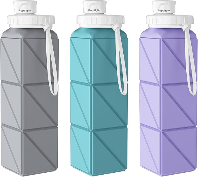 3pcs Collapsible Water Bottles,BPA-Free Leak-Proof Silicone Foldable Water Bottle Cup 20.6oz,Durable Lightweight Bottle for Gym Travel Camping Hiking Running (Purple+Green+Grey)