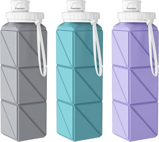3pcs Collapsible Water Bottles,BPA-Free Leak-Proof Silicone Foldable Water Bottle Cup 20.6oz,Durable Lightweight Bottle for Gym Travel Camping Hiking Running (Purple+Green+Grey)