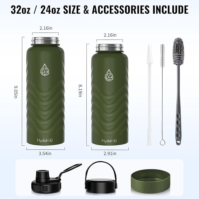 24 oz Insulated Water Bottle - Green Water Bottles with Straw (Straw Lid & Spout Lid) & Silicone Handle & Boot - Wide Mouth Stainless Steel Water Bottles - BPA Free - (Green, 750ml)