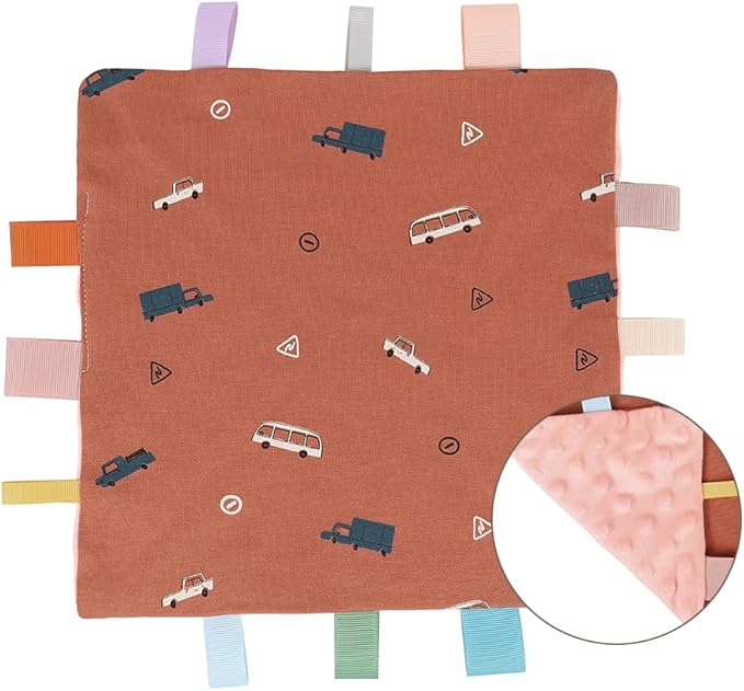 Baby Tags Security Blanket, Sensory Soothing Blanket with Tags,Dotted Backing Taggies Blanket for 3-12 Months Boys and Girls. (Car)