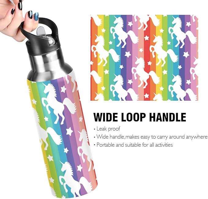 Blueangle Rainbow Stripe Unicorn Star Stainless Steel Water Bottle with Straw, BPA Free Reusable Leakproof Water Jug for Fitness Camping Outdoor Sports