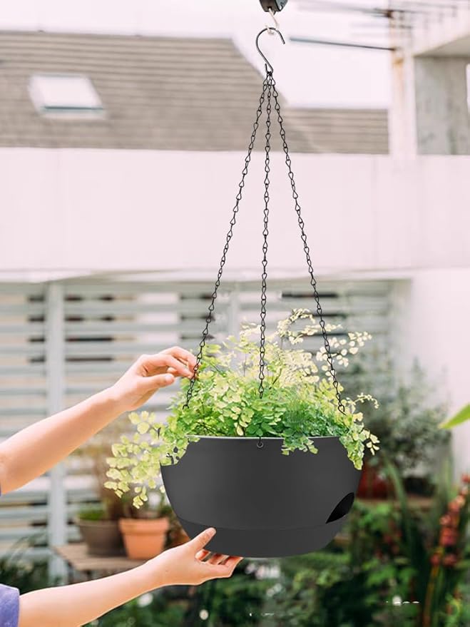 2 Pack Hanging Planters for Indoor Outdoor Plants, 12 Inch Self Watering Hanging Pot with Drainage Holes and Saucer, Plastic Plant Pots, Black Flower Pots for Kitchen, Balcony, Garden