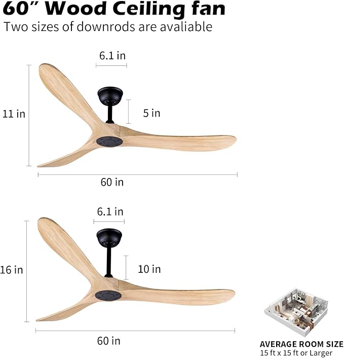 Bigzone 60" Outdoor Ceiling Fan No Light, DC Motor Quiet Energy Saving,3 Balsa Wood Blades, Wood Ceiling Fan With Remote Control,Reversible Blades