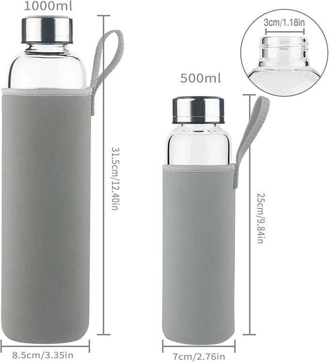 Borosilicate Glass Water Bottle, Sports Glass Drinking Bottle with Neoprene Sleeve and Stainless Steel Lid 16oz / 32oz (32oz, Tree Branche)
