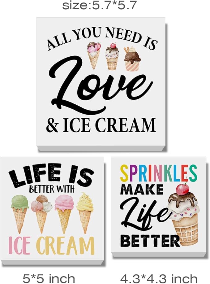 3 Pcs Summer Ice Cream Wood Box Signs Decor Farmhouse Summer Ice Cream Tiered Tray Decor Table Desk Shelf Kitchen Decoration Rustic