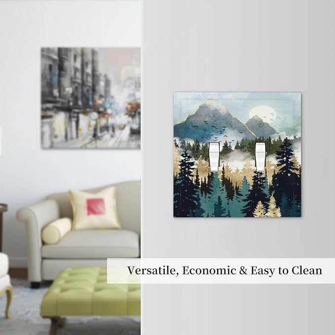 Boho Mountain Forest Abstract Sunset Sunrise Sun Double Toggle Light Switch Covers 2 Gang Wall Plate Dual Decorative Switchplate Electrical Faceplate for Country Bathroom Bedroom Decor