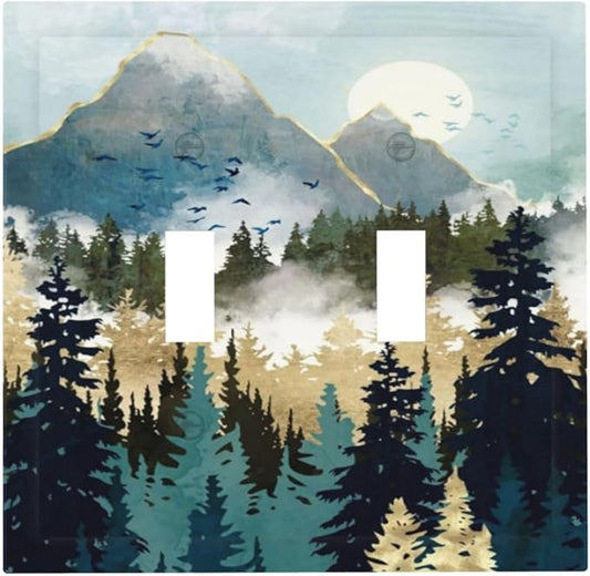 Boho Mountain Forest Abstract Sunset Sunrise Sun Double Toggle Light Switch Covers 2 Gang Wall Plate Dual Decorative Switchplate Electrical Faceplate for Country Bathroom Bedroom Decor