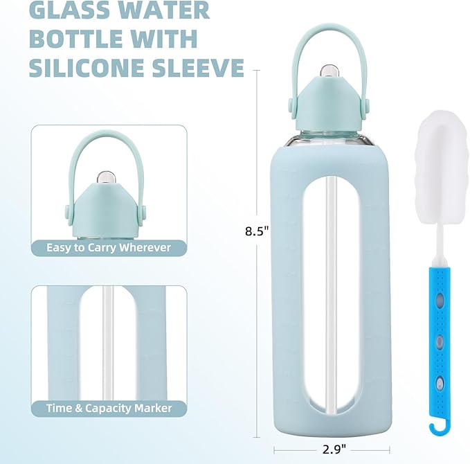 20 oz Glass Water Bottles with Straw Borosilicate Glass Water Bottle with Time Marker Motivational Water Bottles with Silicone Sleeve Leak Proof Reusable BPA Free