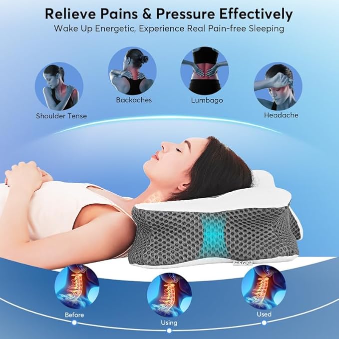 Anvo Cervical Pillow for Neck Pain Relief - Neck Pillows for Pain Relief Sleeping - Cervical Memory Foam Pillows for Neck Pain - Ergonomic Pillow for Side Back Stomach Sleeper-White Queen
