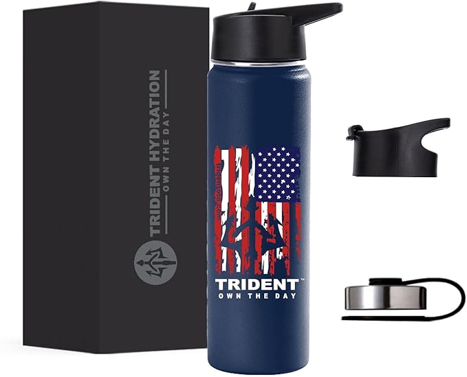American Flag Water Bottle, 21 oz Insulated Water Bottle, Reusable Water Bottle with Straw, Leak Proof Water Bottles, Thermos Water Bottle - Retired Navy Combat Vet Small Business (Dark Blue, 21 Oz)