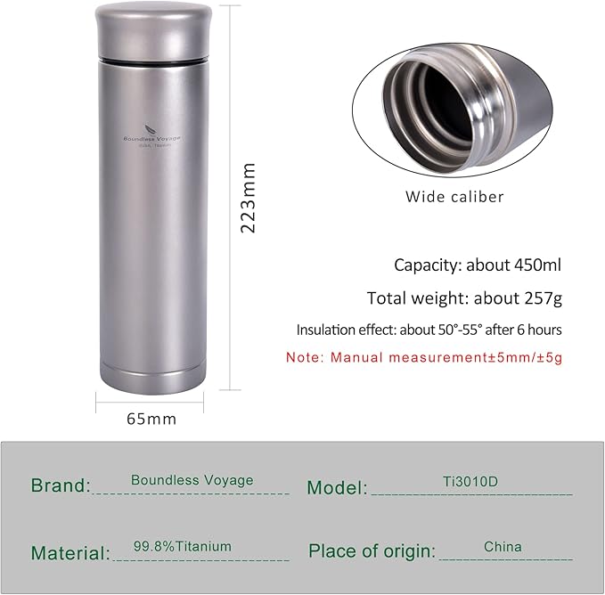 Boundless Voyage Titanium 300ml/450ml Vacuum Water Bottle with Tea Filter Double-Walled Lightweight Leak-Proof Sport Water Bottle for Travel Outdoor Office (15 fl oz)