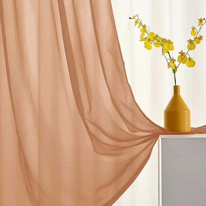 Brown Sheer Curtains 45 Inch Length 2 Panels for Small Windows Rod Pocket Sheer Voile Curtains Light Filtering Brown Sheer Drapes for Kitchen,Living,Bedroom 45 Inches Long