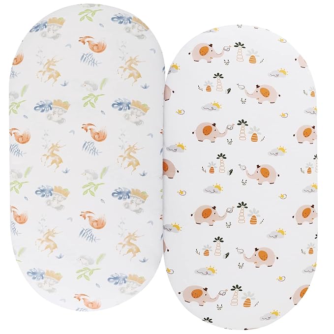 Bassinet Sheets Compatible with Baby Delight Go with Me Slumber Bassinet/Beside Me Doze Deluxe Bedside Bassinet, 2 Pack, 100% Jersey Knit Cotton 190GSM, Ultra Soft Breathable, Fox Deer and Elephant