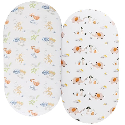 Bassinet Sheets Compatible with SNOO Smart Sleeper, Dream On Me Lacy Portable and Safety 1st Sleeper Bassinet, 2 Pack, 100% Jersey Knit Cotton 190GSM, Ultra Soft Breathable, Fox Deer and Elephant