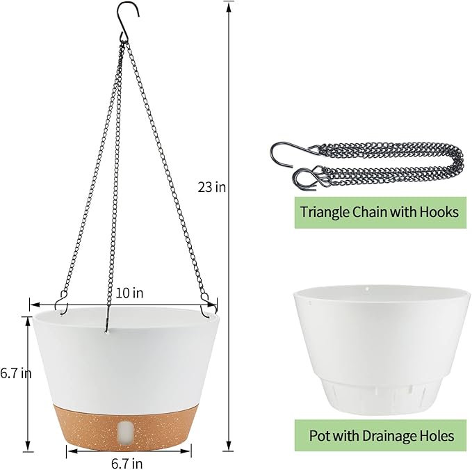 2 Pack 10 Inch Hanging Planters for Indoor Outdoor Plants, Hanging Plant Flower Pot Basket with Drainage Hole with Removable Tray&Hooks Self Watering Plant Pot for Hanging Plants, White