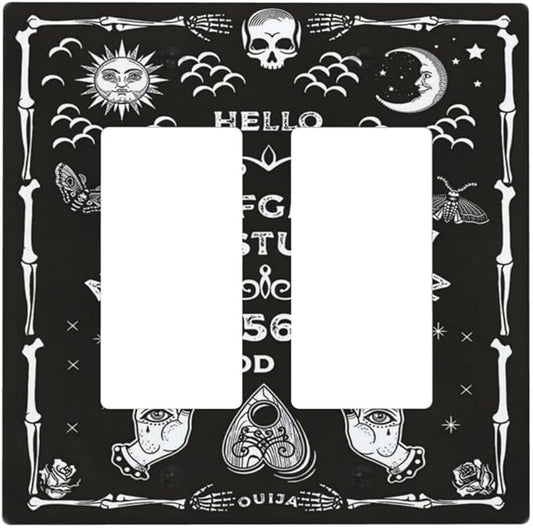 Black Witchy Skeleton Skull Gothic Sun Moon 2 Gang Rocker Decora Novelty Light Switch Covers Decorative Unique Dual Outlet Covers Wall Plate Electrical Faceplate Switchplate GFCI