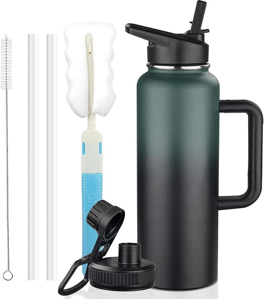 40oz Insulated Water Bottle with Handle, Stainless Steel Sports Metal Water Flask with Straw & 2 Leak Proof Lids, Double Walled Vacuum Wide Mouth Water Bottle for Travel,Camping,Gym (Dark Green Black)
