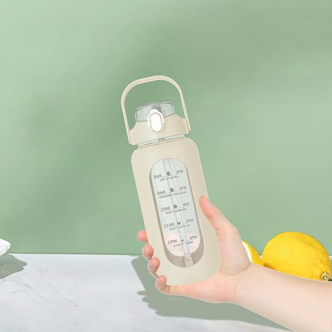 64oz Glass Water Bottle with Straw - Half Gallon Large Motivational Water Bottle with Silicone Sleeve Time Marker, Ideal for Gym, Sports, Workouts, Daily