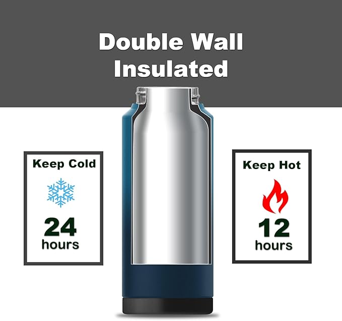 blue 32 oz insulated water bottle with straw stainless steel water bottle,double wall,leak proof water bottles with 3 lids,travel,gym mens water bottle(Ocean Blue, 32oz)