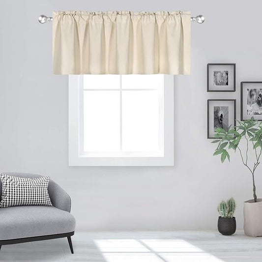Beige Valance for Windows 60x18 Inch Solid Thermal Insulated Blackout Rod Pocket Kitchen Short Curtain Toppers Valance for Bathroom Living Room 1 Panel