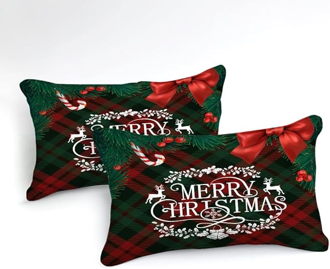 Bedbay Christmas Comforter Set King Size Bedding Set Xmas Bow Buffalo Checkered 4 Pieces Christmas Bedding Set 1 Comforter 2 Pillowcases 1 Cushion Cover(Red Green,King)