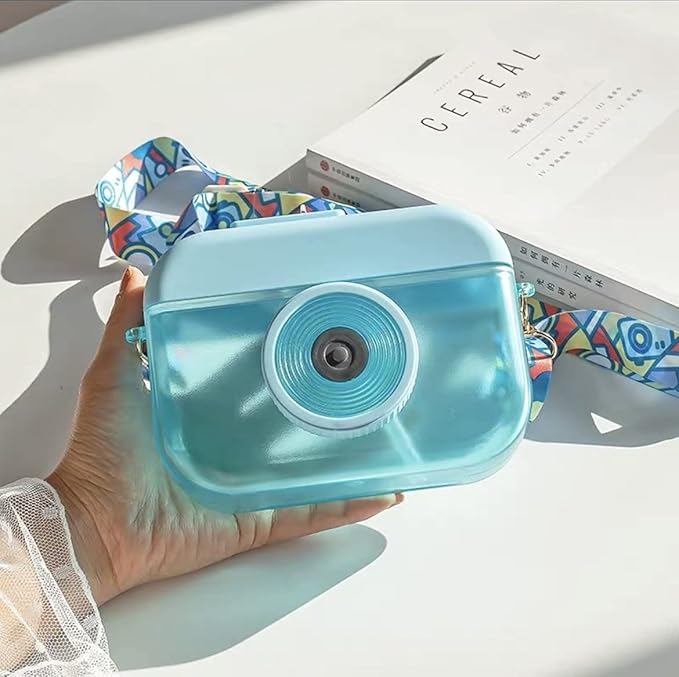 Blue Camera Bottle Travel Cup with Straw Birthday Party Gift Ice Drinking Water Bottle Mug with Strap Picnic (camera blue, 400 ml)