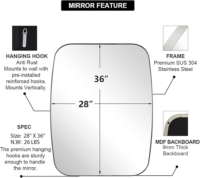 ANDY STAR Chrome Bathroom Mirror, 28x36 Inch Stainless Steel Metal Frame Oblong Bathroom Mirror for Vanity, 1’’ Deep Wall Mounted Vertically/Horizontal