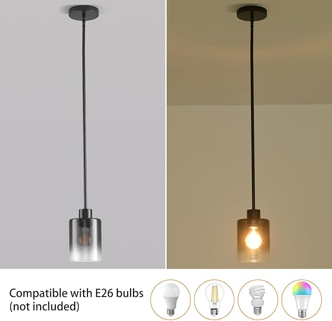 Black Pendant Lights Kitchen Island,Smoked Glass Pendant Light Fixture Multiple Stems Rods 3 Units 12 Inch 3 Units 4 Inch (2 Pack Smoked Glass+Black Downrod)