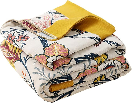 Boho Muslin Blanket for Adults 4-Layer Gauze Twin Size Soft Cozy 100% Cotton Summer Cooling Blanket Floral Decor for Sofa Bed Coverlet Both Sides (Boho Floral, Twin 60 x 80 in)