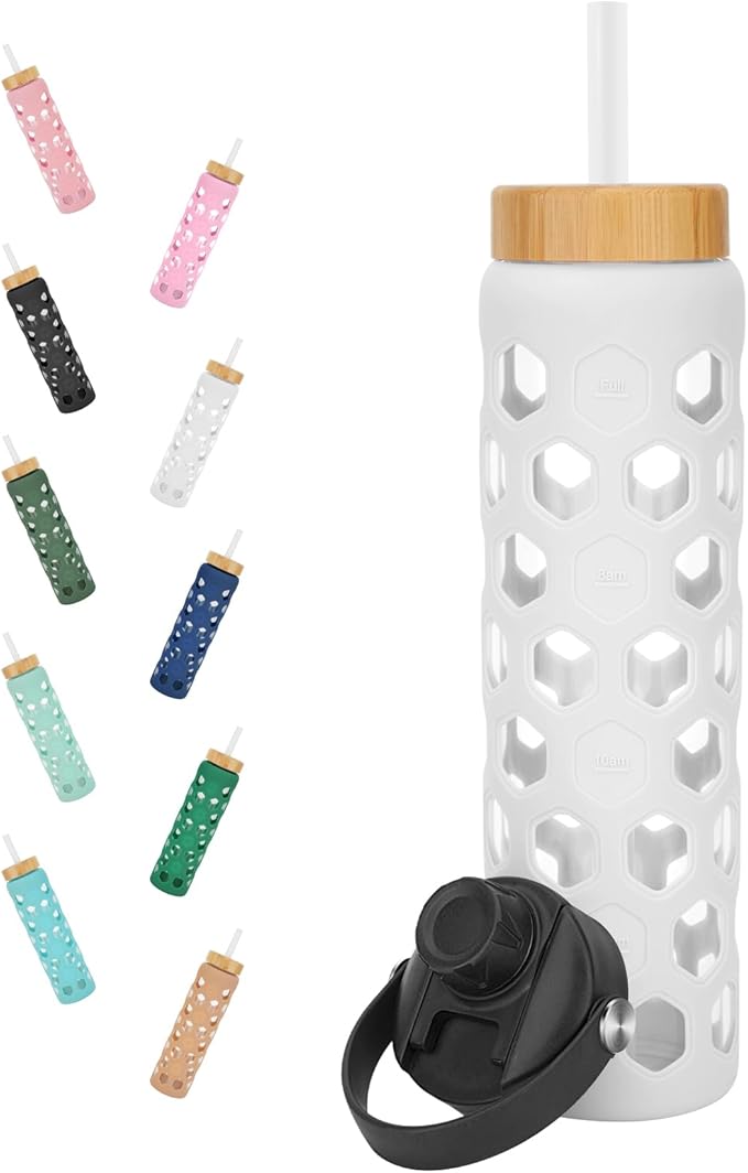 32oz Glass Water Bottles with 2 Lids-Bamboo Straw Lid & Spout Cap,Motivational Water Tumbler with Silicone Sleeve with Time Marker,Leakproof