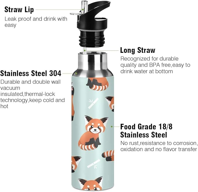 Blueangle Cute Red Panda Water Bottle with Straw, Insulation Stainless Steel Water Bottle BPA Free Water Jug for Fitness Camping Outdoor Sports