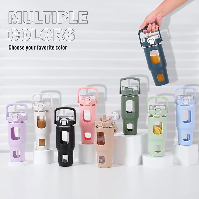 BLUEGO 32oz Glass Water Bottle with Handle and Straw|Leakproof Sports Glass Bottle with Time Marker and Silicone Sleeve|Glass Drinking Bottle for Travel, Gym, Workout, White