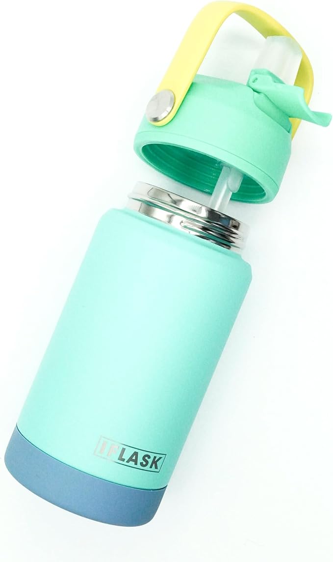 12oz Kids Water Bottle with Straw Lid | 100% Leak Proof | Insulated Stainless Steel Double Walled Thermos | BPA and Sweat free | Hot & Cold (Blue)