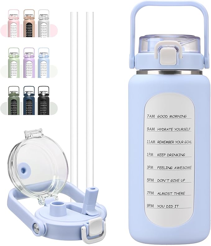 BLUEGO 64oz Insulated Water Bottle with Straw and Handle Leakproof Half Gallon Wide Mouth Motivational Water Bottle, 2-IN-1 Straw Spout Lid Stainless Steel Water Jug for Sport Travel Gym-Light Blue