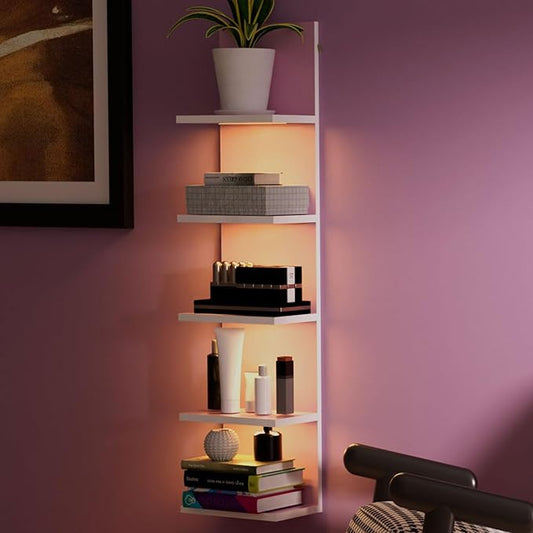 5 Tier Wall Shelf Unit,Modern Vertical Lack Wall Shelves with Light, Wall Mount, Floating Column Home Decor Shelves for Bedroom, Living Room, Vanity Storage Display(Pink)