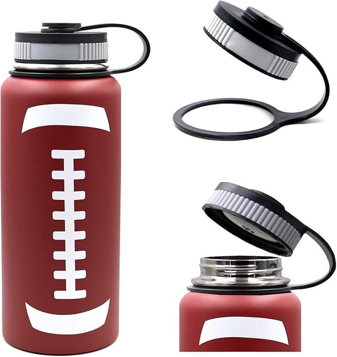 32 oz Football Water Bottle, Flask Sports with 2 Lids 18/8 Stainless Steel Travel Tumbler Double Wall Vacuum Insulated Hot/Cold (32oz, Football)