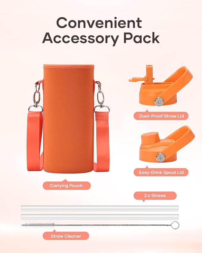 40oz Insulated Water Bottle, BUZIO Stainless Steel Water Flask with Straw Lid and Carrying Pouch, Keep Cold 48h Leak Proof Lead-Free Double Wall Vacuum Thermo Tumbler Sport Metal Canteen, Orange