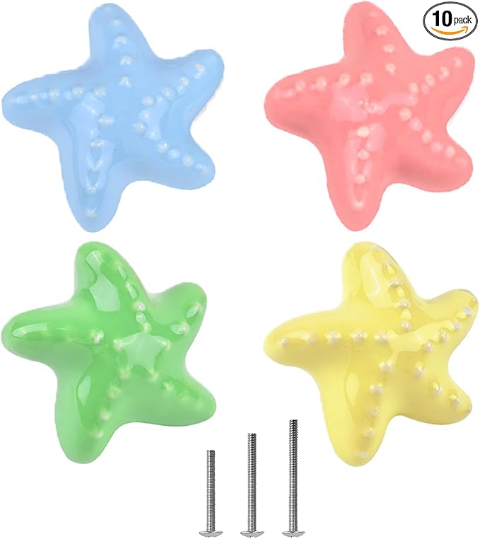 4X Colorful Cute Glossy Ceramic Knobs Starfish-Shape Lovely Door Pull Knob Cabinet Closet Ceramic Drawer Cupboard Kitchen Dresser Kids Child Bedroom Pulls Wardrobe Handles