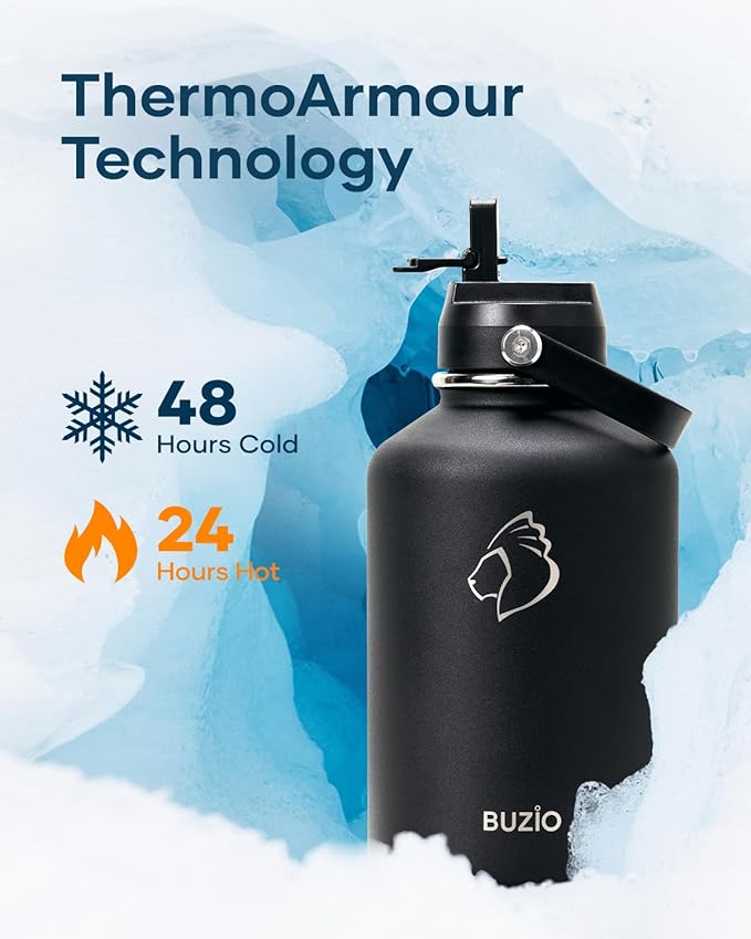 BUZIO 64oz Insulated Water Bottle, Half Gallon Stainless Steel Water Jug with Straw Lid and Carrying Pouch, Keep Cold 48H Double Wall Vacuum Lead-Free Metal Drinking Flask for Gym Beach, Black
