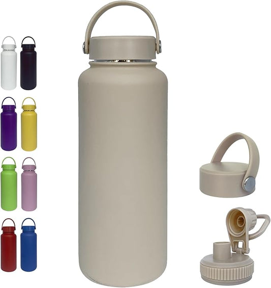40oz Insulated Water Bottle ，Stainless Steel Sports Water Cup Flask with 2 Lids, Wide Mouth Travel Thermal Mug,Outdoor Sports Bottle（Cream apricot）