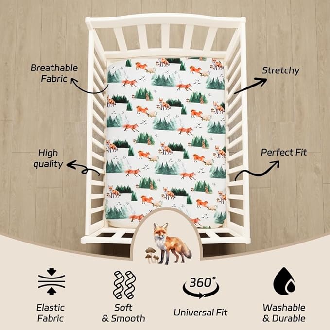 4 Pack Woodland Forest Animals Wood Neutral Unisex Fitted Baby Crib Sheets Set for Baby Boys or Girls (Paint Fox, 52 * 28)