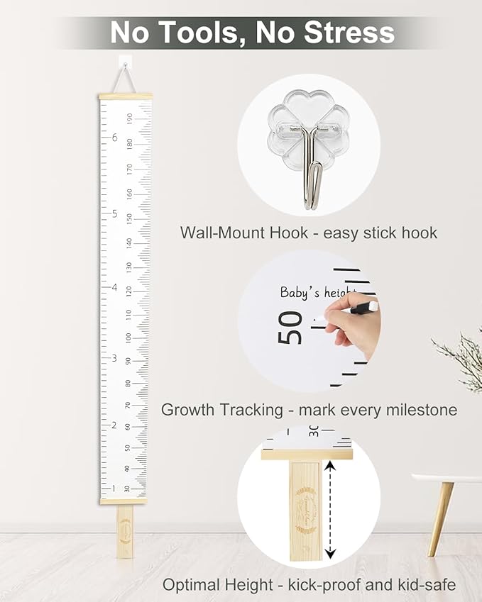 6.5FT Growth Chart for Kids with Wooden Keepsake Box - Children Height Measurement Kit Includes Marker Pen & Wall Hook, Height Tracker Ruler Baby Essentials, Nursery Room Decor Gift for Baby to Teen